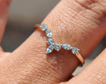 Delicate Aquamarine Curved Wedding Band | 14k Gold Stacking Ring | Dainty V Shape Engagement Enhancer | March Birthstone Promise Ring