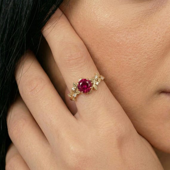 Round Ruby Nature Inspired Engagement Ring, 18K Gold Leaf Branch Ring, July Birthstone Ring, Romantic Bridal Promise Ring