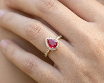 Diamond Halo Ruby Engagement Ring, Pear Cut Halo Wedding Ring, July Birthstone Ring, Bridal Promise Ring, Anniversary Gift