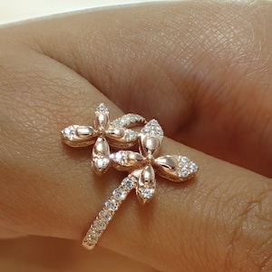 Gold Plated Flower Ring / 925 Sterling Silver Ring / Diamonds Stackable Ring / Open Ring / Cluster Ring