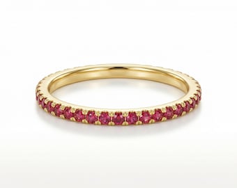 Micro Pave Ruby Wedding Band, July Birthstone Gift, 14K Gold Half Eternity Stckable Band, Thin Dainty Matching Ring