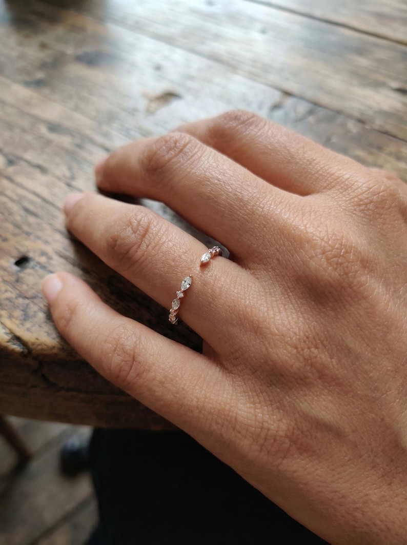 Moissanite Open Gap Wedding Band, Marquise and Round Half Eternity Stackable Matching Ring, Minimalist 14K Gold Band for Women image 17