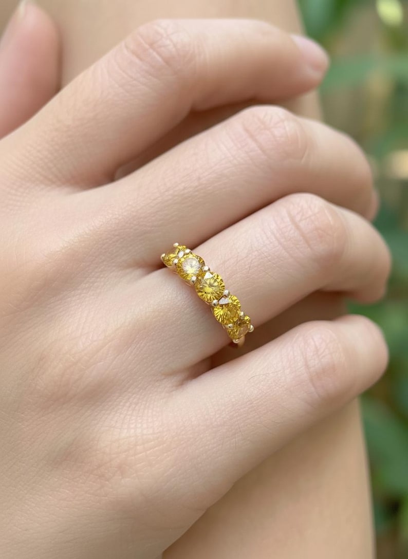 Yellow Sapphire Wedding Band 3.50ctw 7 Stone Anniversary Ring Yellow Gemstone Eternity Band September Birthstone image 3