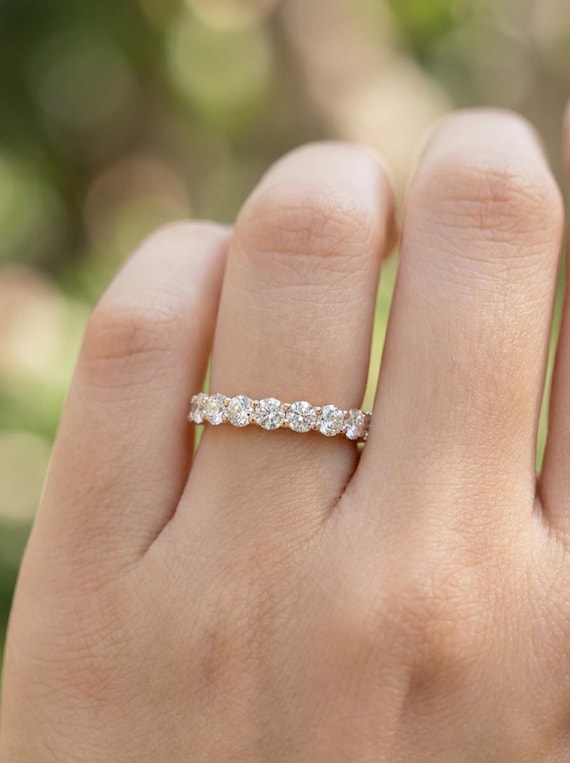 Seven Stone Round Lab Diamond Stacking Ring, Conflict Free Diamond Anniversary Ring , Travel Ring Wedding Band, U Prong Band