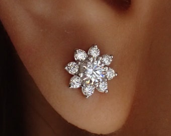 Flower Shape Round Cut Lab Grown Diamond Cluster Earrings  Ready To Ship  Screw Back Earring