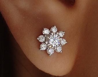 Flower Shape Round Cut Lab Grown Diamond Cluster Earrings  Ready To Ship  Screw Back Earring