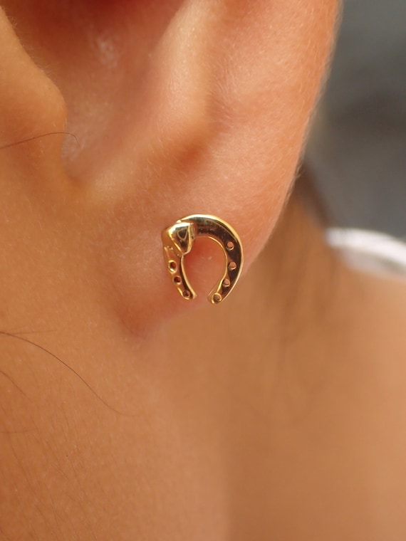 Horseshoe Stud Earrings, 14k Solid Gold Dainty Lucky Charm