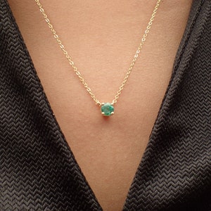 14K Yellow Gold Emerald Necklace / May Birthstones Gift / Natural Gemstone 4.0mm / Prong Set Necklace