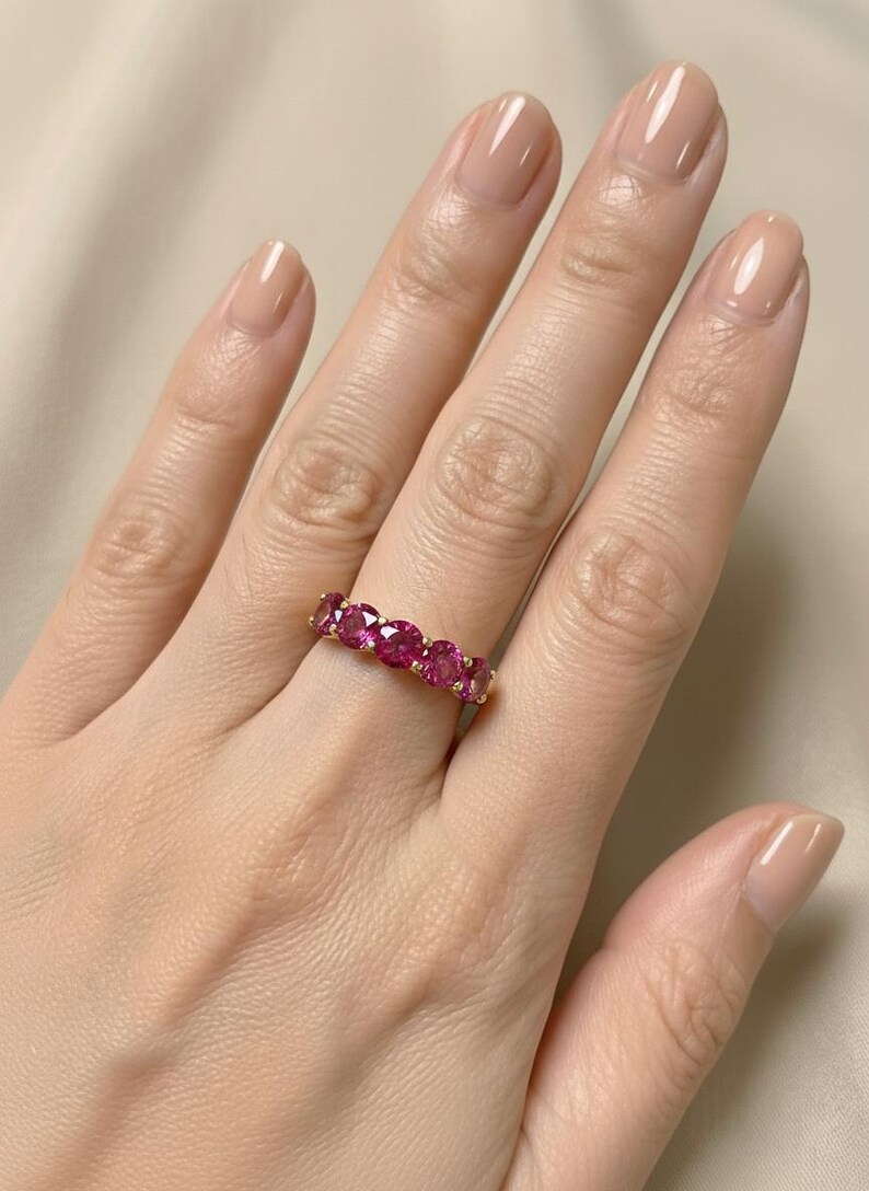 Pink Tourmaline Wedding Band 3.50ctw Round Cut 7 Stone Anniversary Ring Pink Gemstone Eternity Band October Birthstone image 5