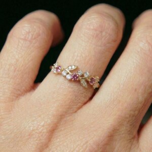 Round Pink Tourmaline Leaf Wedding Band, Nature Inspired Floral Cluster Ring for Her – October Birthstone Gift – 14K Gold Moissanite Jewelry image 12