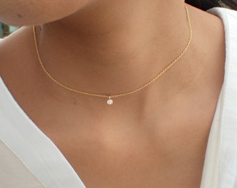 Diamond Choker Necklace / Solitaire Diamond Necklace / Minimalist Necklace / Layered Diamond Necklace / Mother&#39;s Day Gift