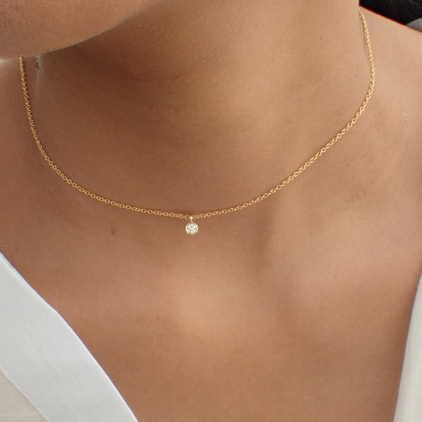 Diamond Choker Necklace / Solitaire Diamond Necklace / Minimalist Necklace / Layered Diamond Necklace / Valentines Day Gift