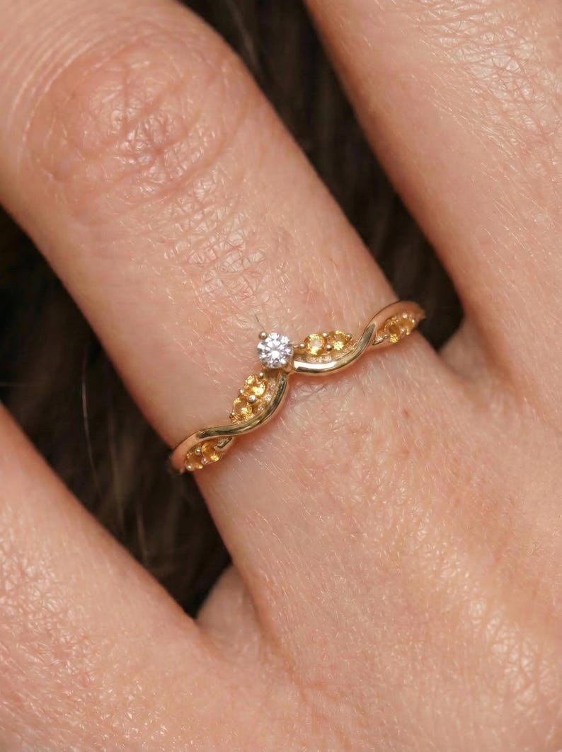Citrine Curved Wedding Band V Shape Ring Golden Yellow Gemstone Chevron Stacking Ring November Birthstone Bridal Jewelry image 10