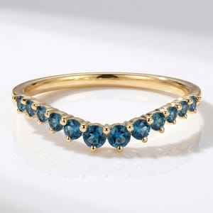 London Blue Topaz Curved Wedding Band | 14K Gold Stacking Ring | Dainty Gemstone Enhancer Anniversary Ring | Unique Wishbone Band image 8