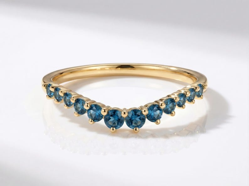 London Blue Topaz Curved Wedding Band | 14K Gold Stacking Ring | Dainty Gemstone Enhancer Anniversary Ring | Unique Wishbone Band image 8