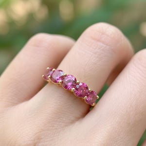 Pink Tourmaline Wedding Band 3.50ctw Round Cut 7 Stone Anniversary Ring Pink Gemstone Eternity Band October Birthstone image 1