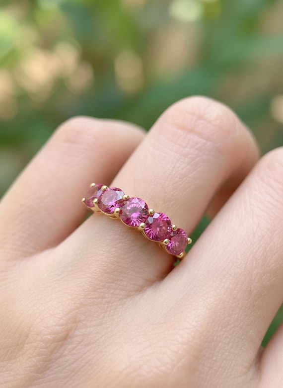 Pink Tourmaline Wedding Band 3.50ctw  Round Cut 7 Stone Anniversary Ring  Pink Gemstone Eternity Band October Birthstone