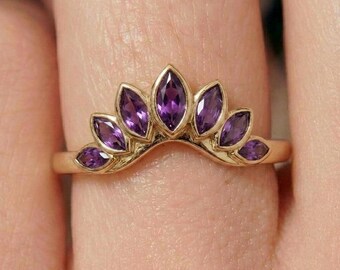 Delicate Amethyst Curved Ring, 14K Gold Marquise Amethyst Crown Stacking Band, Unique February Birthstone Wedding Ring, Anniversary Gift
