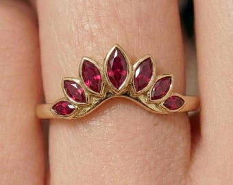 Ruby Marquise Curved Band, Solid Gold Stacking Ring, Tiara Crown Enhancer, Red Gemstone Anniversary Ring, Unique Wedding Jewelry