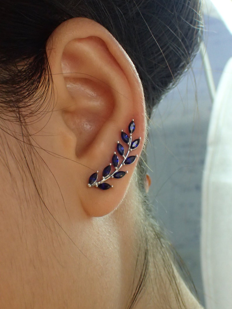 Blue Sapphire Earring Climber / Marquise Ear Crawlers Earrings / Ear Climber Earrings / Bridesmaid Gift image 1