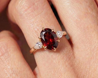 Oval Garnet Engagement Ring with Pear Diamond Side Stones | 14K Gold January Birthstone Ring | Unique Anniversary Gift for Her