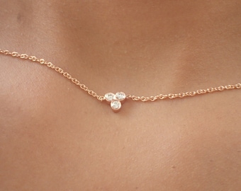 Diamond Cluster Necklace, 14K Solid Gold Trio Bezel Set Necklace, Delicate Bridesmaid Gift, Gift for Mom, Gift for Wife