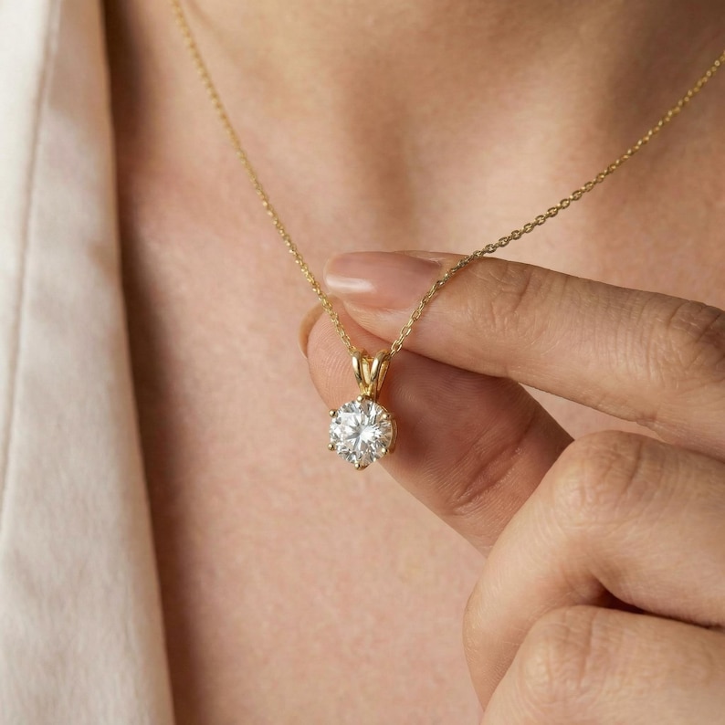 Dainty Gold Moissanite Solitaire Necklace | Brilliant Round Moissanite Pendant | Elegant Everyday Jewelry | Anniversary Gift for Her image 10