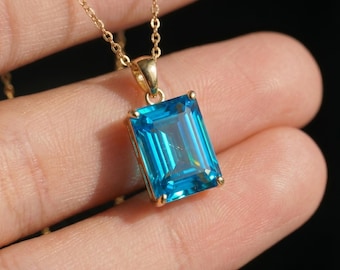 Emerald Cut Blue Zircon Necklace | Dainty 14K Gold Filled Pendant | December Birthstone Jewelry Gift for Her