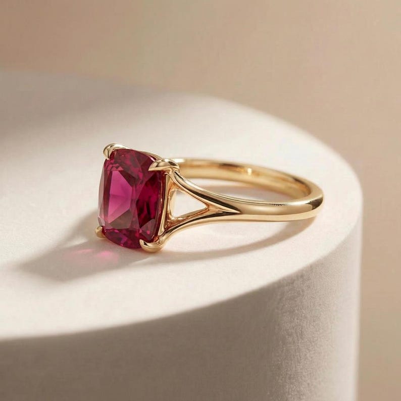 Cushion Cut Ruby Engagement Ring, Modern Split Shank Solitaire, Vintage ...
