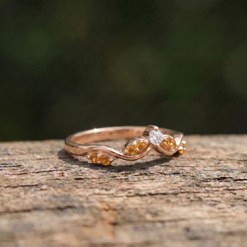Citrine Curved Wedding Band V Shape Ring Golden Yellow Gemstone Chevron Stacking Ring November Birthstone Bridal Jewelry image 8