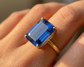 Large Emerald Cut Blue Zircon Ring, 12x16mm Statement Ring, December Birthstone Ring, 14K Gold Gift for Mom