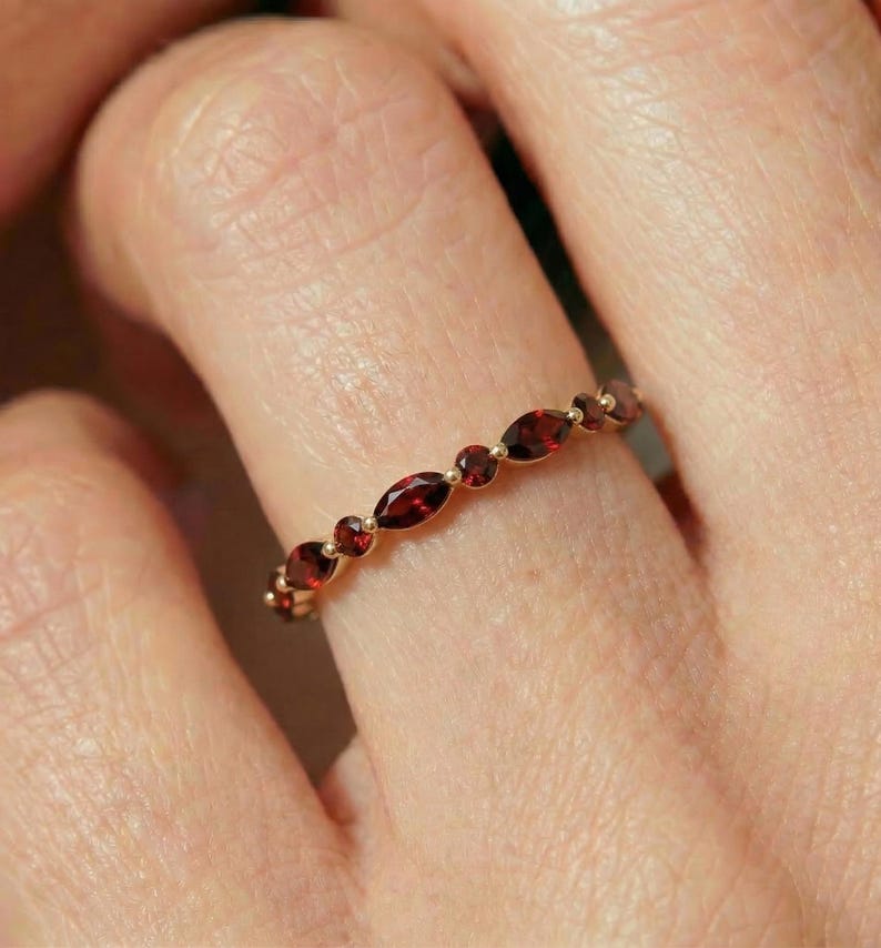 Dainty Garnet Eternity Ring | 14K Gold Stacking Band | January Birthstone Marquise & Round Red Gemstone Delicate Wedding Anniversary Gift image 2