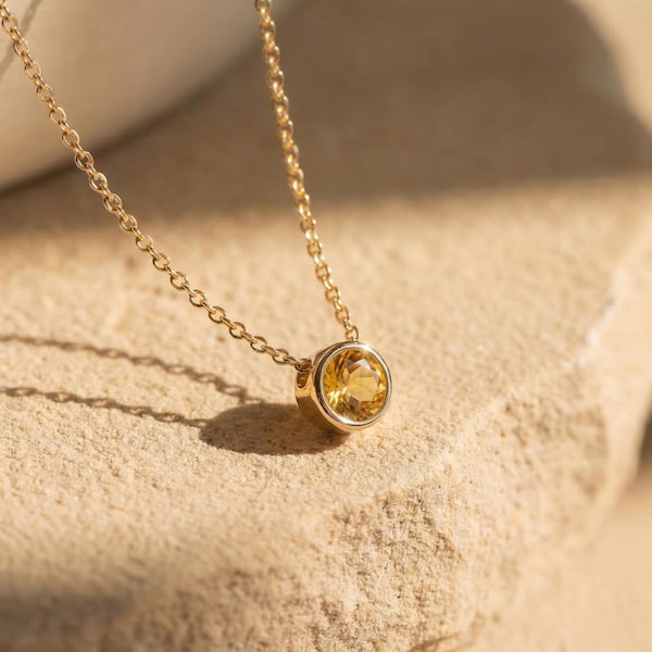 Dainty Gold Citrine Necklace - Bezel Set Round Citrine Pendant - November Birthstone Jewelry - Minimalist Gold Gemstone Necklace Gift