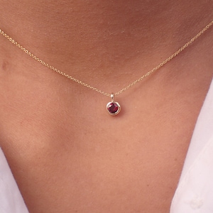 14k Ruby Necklace, Bezel Set Necklace, Gold Ruby Pendant, Delicate Ruby, Round Cut Ruby, July Birthstone Gift