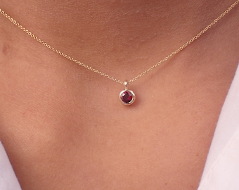 18k Ruby Necklace, Bezel Set Necklace, Gold Ruby Pendant, Delicate Ruby, Round Cut Ruby, July Birthstone Gift