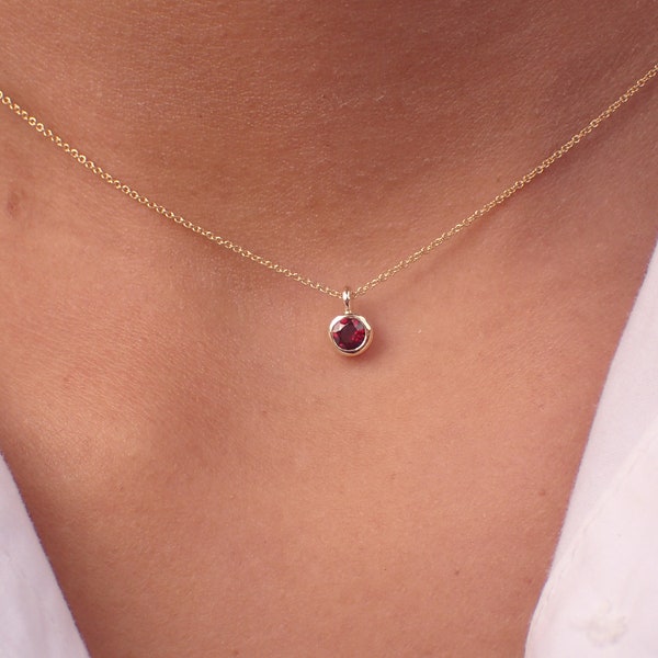 Bezel Set Ruby Necklace, 14k Solid Gold Solitaire Necklace, July Birthstone Gift, Bridesmaid Necklace, Anniversary Gift