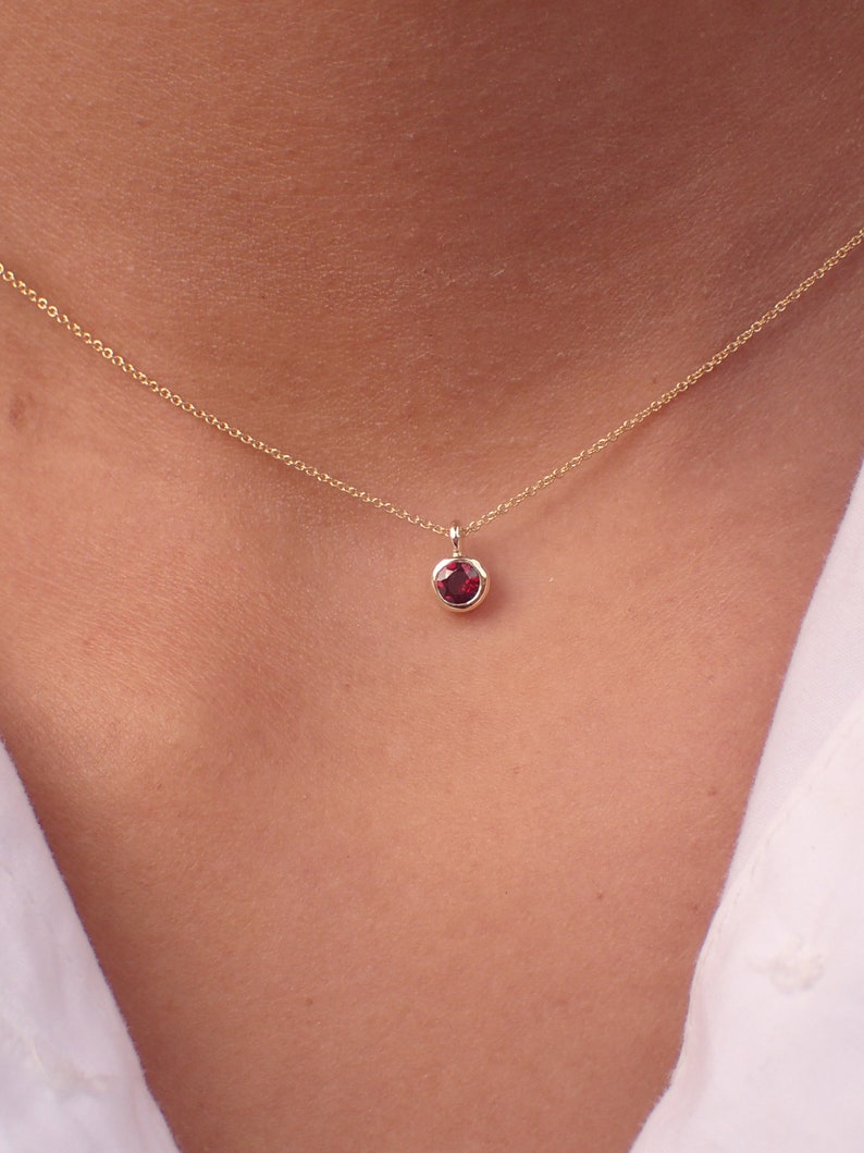 18k Ruby Necklace, Bezel Set Necklace, Gold Ruby Pendant, Delicate Ruby, Round Cut Ruby, July Birthstone Gift 