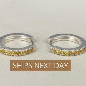 Yellow Sapphire Hoop Earrings, September Birthstone Gifts, Sterling Silver Huggies Hoop Earrings, Minimal Hoop Earrings