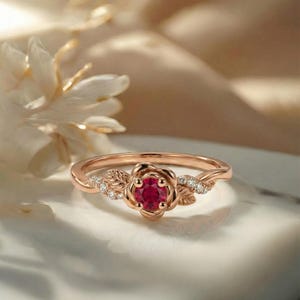 Flower Ruby Engagement Ring, Floral Twist Promise Ring for Women ...