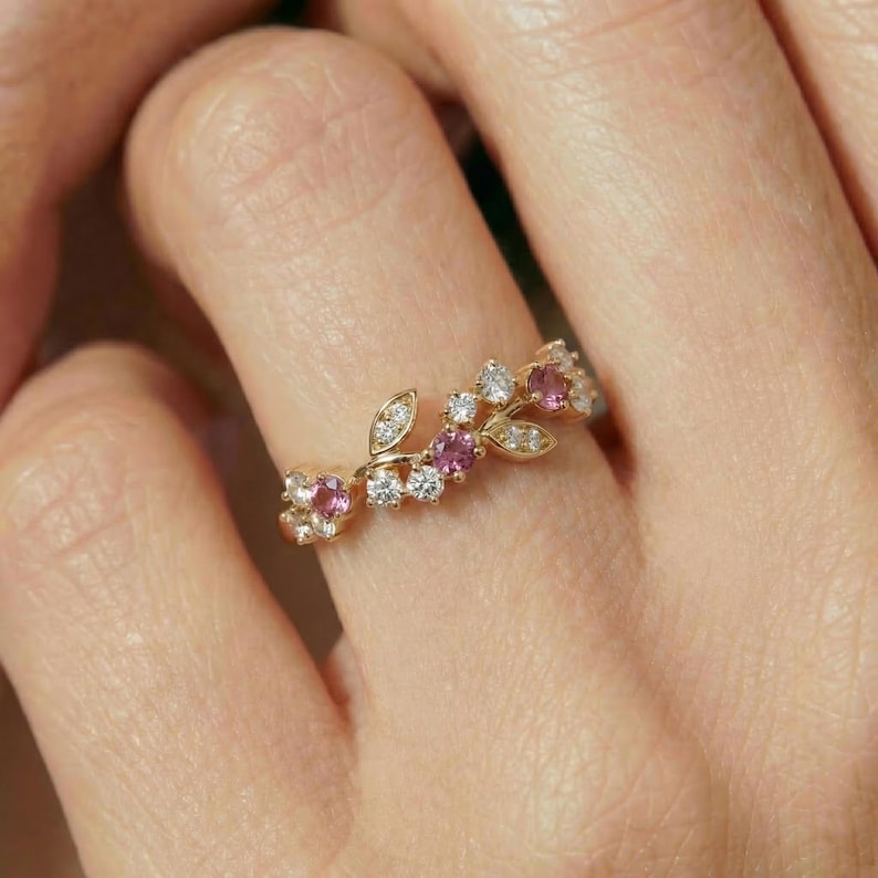 Round Pink Tourmaline Leaf Wedding Band, Nature Inspired Floral Cluster Ring for Her – October Birthstone Gift – 14K Gold Moissanite Jewelry image 2