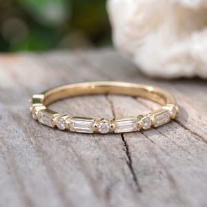 Baguette Moissanite Wedding Ring, Alternating Baguette and Round Moissanite Ring, Half Eternity Ring, Vintage Wedding Band