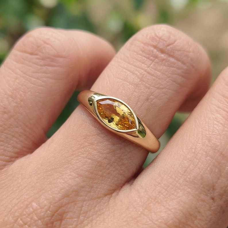 1.5ct Marquise Bezel Citrine Ring, 14K Solid Gold Signet Engagement Ring, Minimalist Pinky Promise Gift, November Birthstone Ring image 1