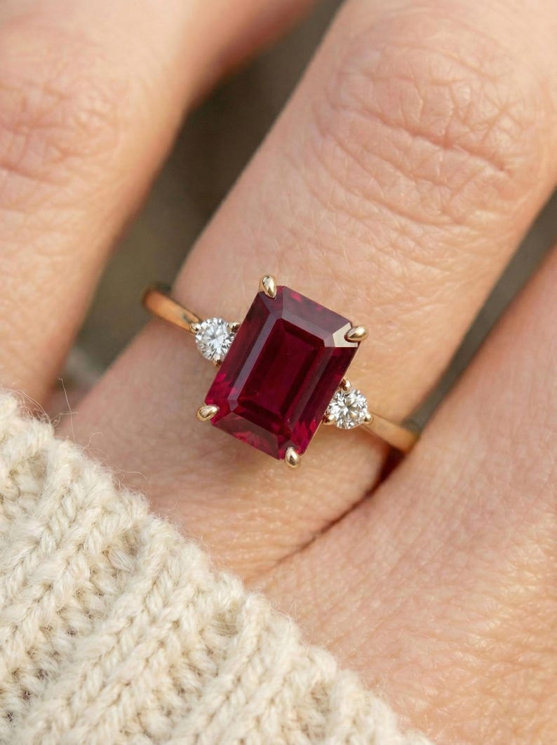 1.75ct Ruby Ring, Emerald Cut Ruby Ring, 14K Gold Statement Ring, Certified Stone Ring, July Birthstone image 8
