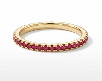 Micro Pave Ruby Wedding Band, July Birthstone Gift, 18K Gold Full Eternity Stckable Band, Thin Dainty Matching Ring