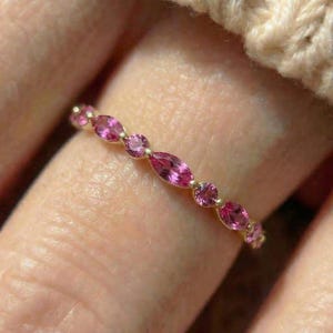 Delicate Pink Tourmaline Eternity Band Ring | 14K Gold Marquise & Round Gemstone Stacking Ring | October Birthstone Gift for Her image 15