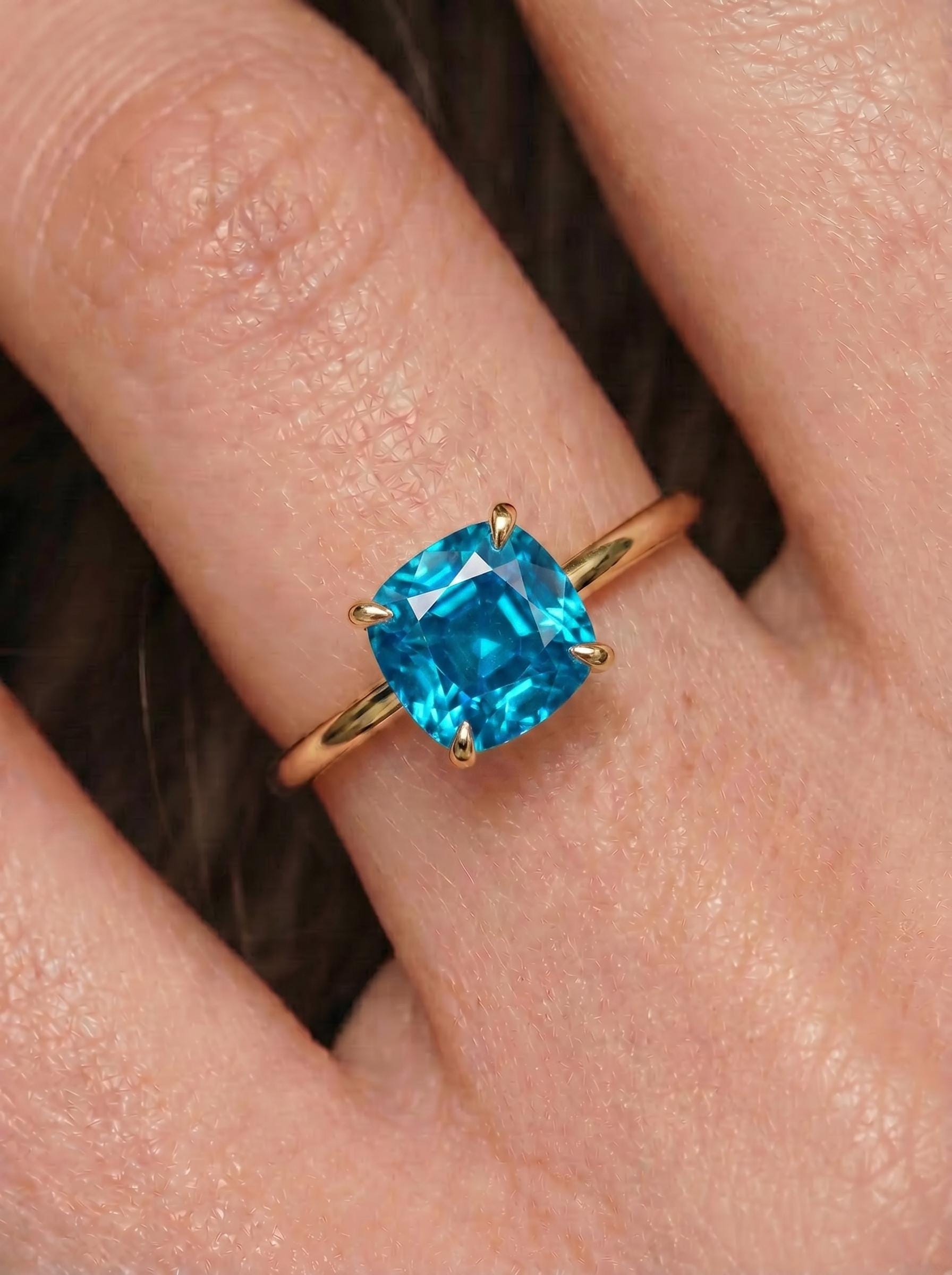 Cushion Cut Blue Zircon Ring | 14K Gold Solitaire Engagement Ring ...
