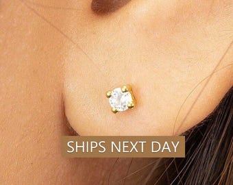 Aretes de diamantes, aretes solitarios de diamantes, aretes de oro macizo de 14 k, regalo para ella, aretes minimalistas