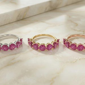 Pink Tourmaline Wedding Band 3.50ctw Round Cut 7 Stone Anniversary Ring Pink Gemstone Eternity Band October Birthstone image 2