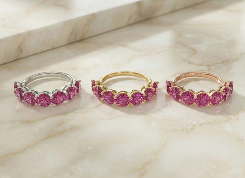 Pink Tourmaline Wedding Band 3.50ctw Round Cut 7 Stone Anniversary Ring Pink Gemstone Eternity Band October Birthstone image 2