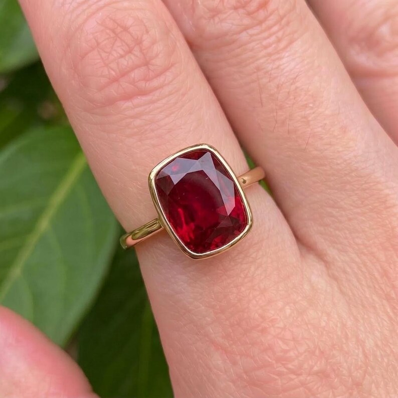 Bezel Set Ruby Ring, Cushion Cut Ruby Statement Ring, July Birthstone Ring, Birthday Gift for Her, Dainty Red Gemstone Ring image 3